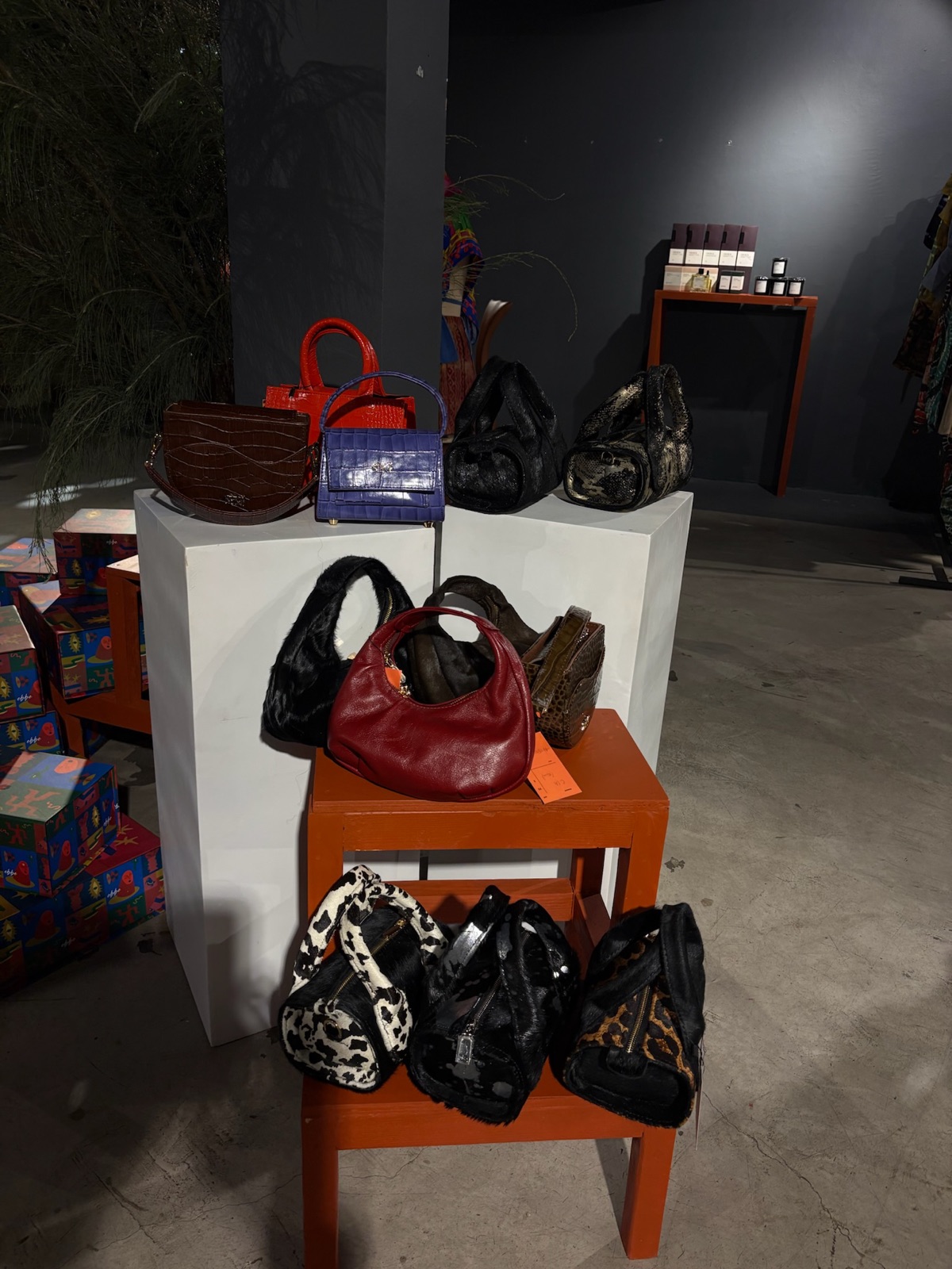 Independent bag brand displayed on plinths at an EBBE pop-up
